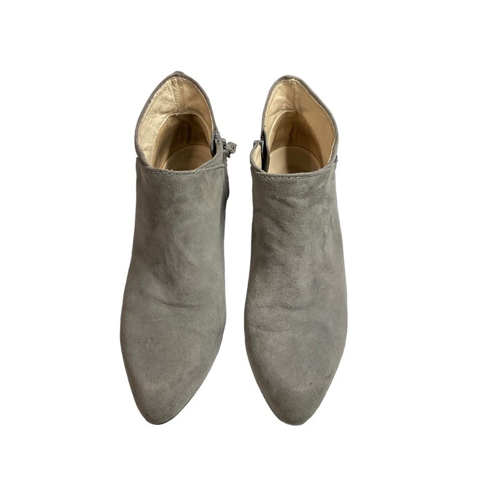 Cole Haan Gray Suede Leather Side Zip Buckle Stack Heeled Shoe Bootie Size 7B